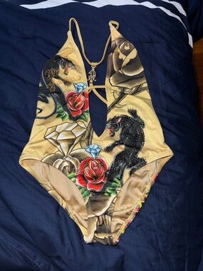 Christian Audigier Tan Floral & Panther One-Piece Swim